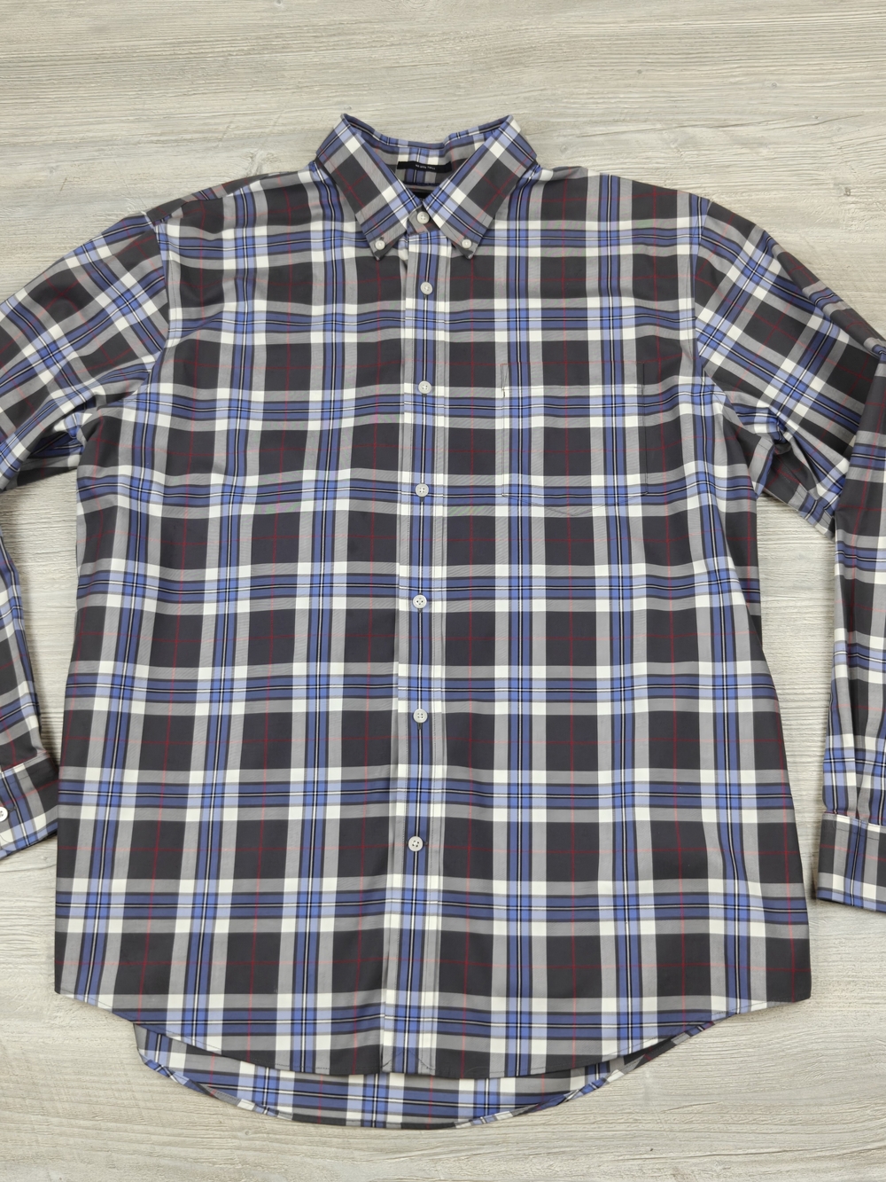 Lands' End Mens Large 16-16.5 Plaid No Iron Twill Button COTTON Shirt Blue Grey